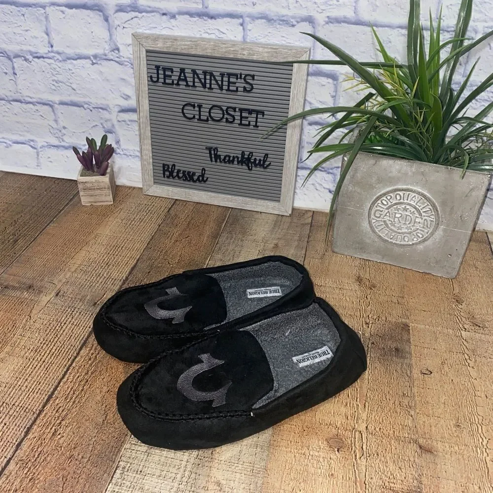 True Religion Men's Black & Gray Logo Slippers House Shoes Size Small 7-8